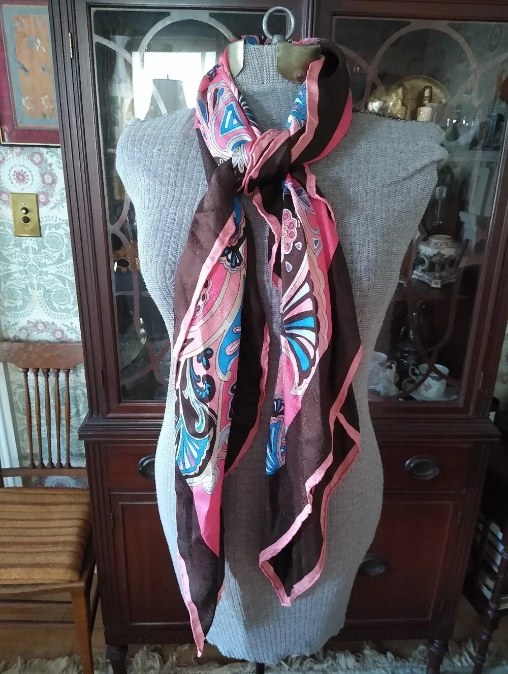 BANANA REPUBLIC 2008 Pink Brown Blue Retro Floral Silk Scarf